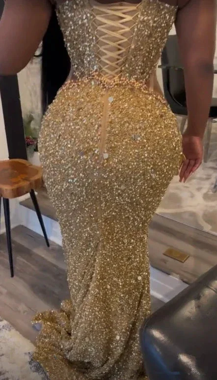 Luxurious Gold Sequins Appliques Evening Dress Mermaid Prom Dress Y7880 - Image 4