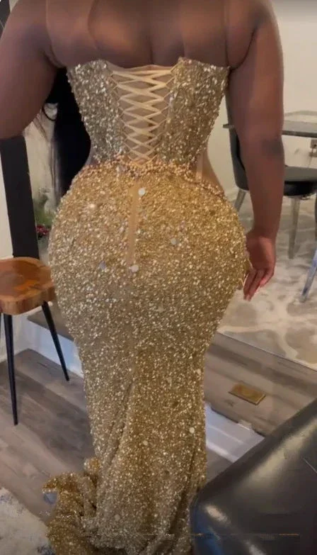 Luxurious Gold Sequins Appliques Evening Dress Mermaid Prom Dress Y7880 - Image 5