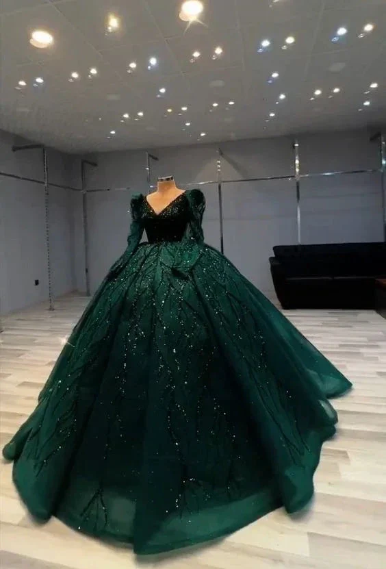 Luxurious Green Long Sleeves Ball Gown,Green Sweet 16 Dress Y6558 - Image 2
