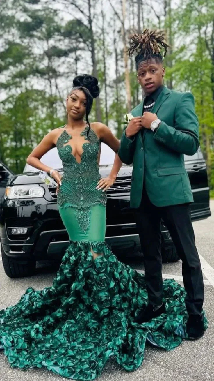 Luxurious Green Mermaid Evening Dress 3D Flowers Pageant Dress Y6356 - Image 2