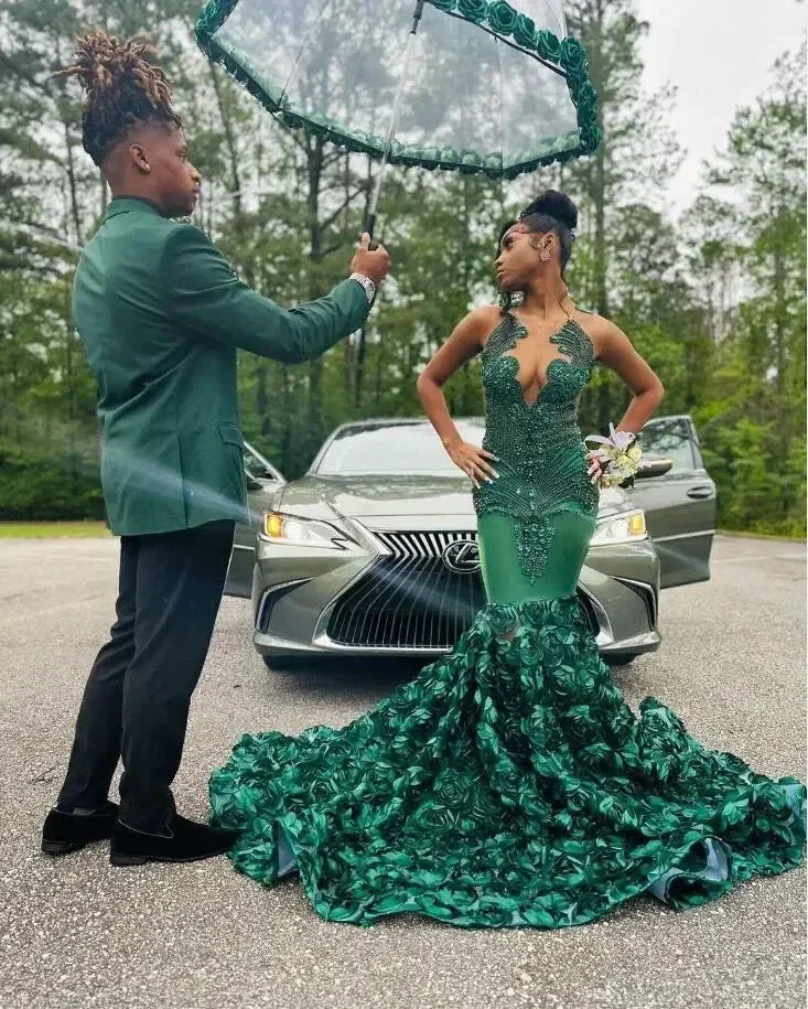 Luxurious Green Mermaid Evening Dress 3D Flowers Pageant Dress Y6356 - Image 3