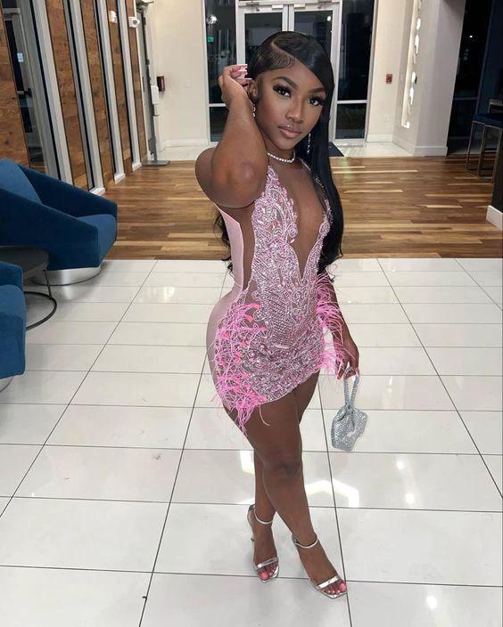 Luxurious Heavy Beaded Pink Homecoming Dress 22nd Birthday Outfit Dress Y1828 - Image 2
