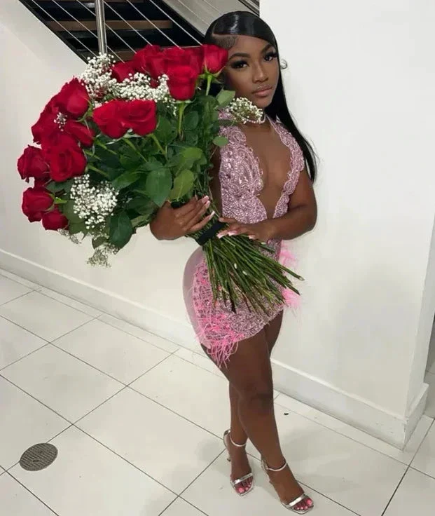 Luxurious Heavy Beaded Pink Homecoming Dress 22nd Birthday Outfit Dress Y1828 - Image 3