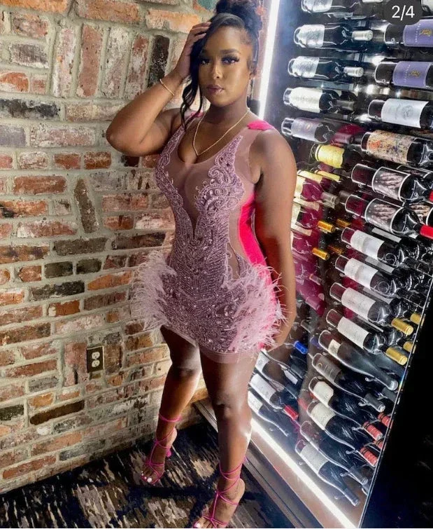 Luxurious Heavy Beaded Pink Homecoming Dress 22nd Birthday Outfit Dress Y1828 - Image 5