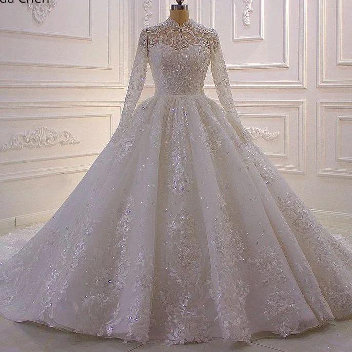 Luxurious High Neck A-line Lace Sequined Wedding Dress With Long Sleeves - Image 2