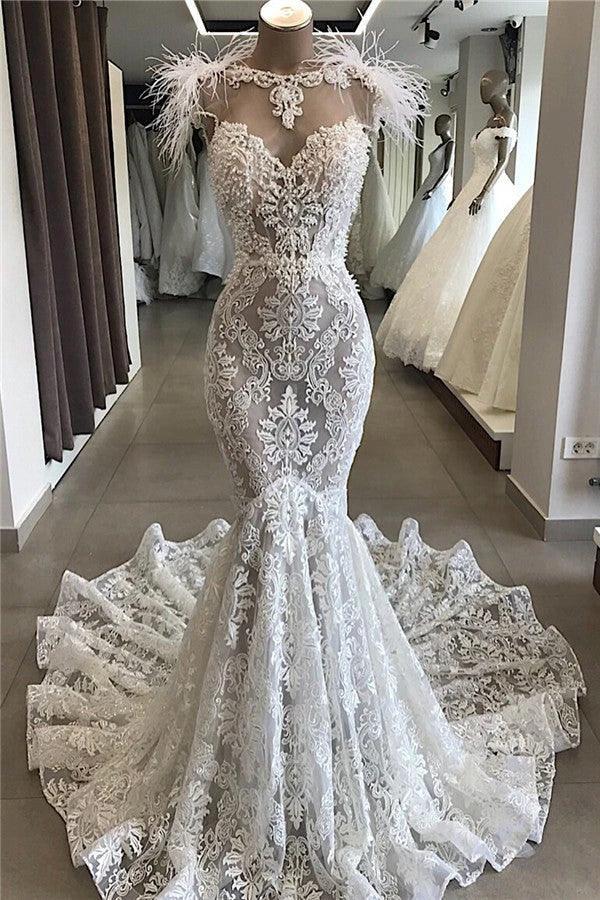 Mermaid Lace Crystals Necklace Wedding Dress Bridal Wears with Feather - Image 2