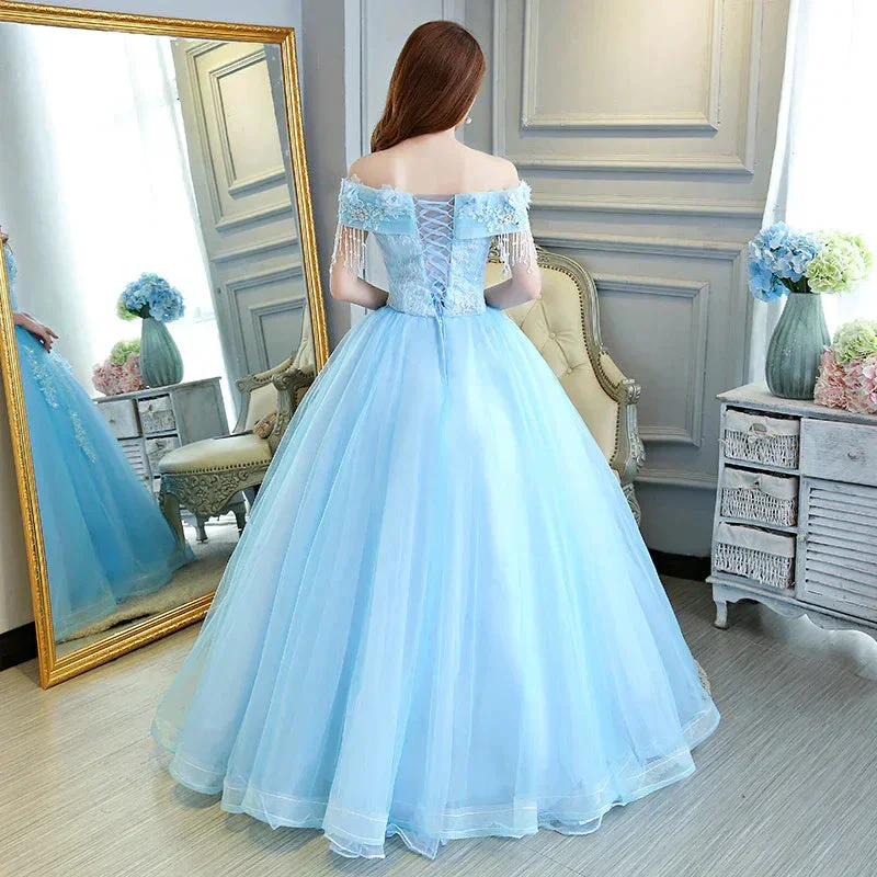 Luxurious Light Blue Ball Gown Off The Shoulder Princess Dress Y309 - Image 3