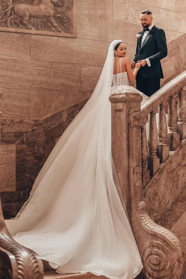Luxurious Long A-line Lace Spaghetti Straps Wedding Dresses With Glitter - Image 2