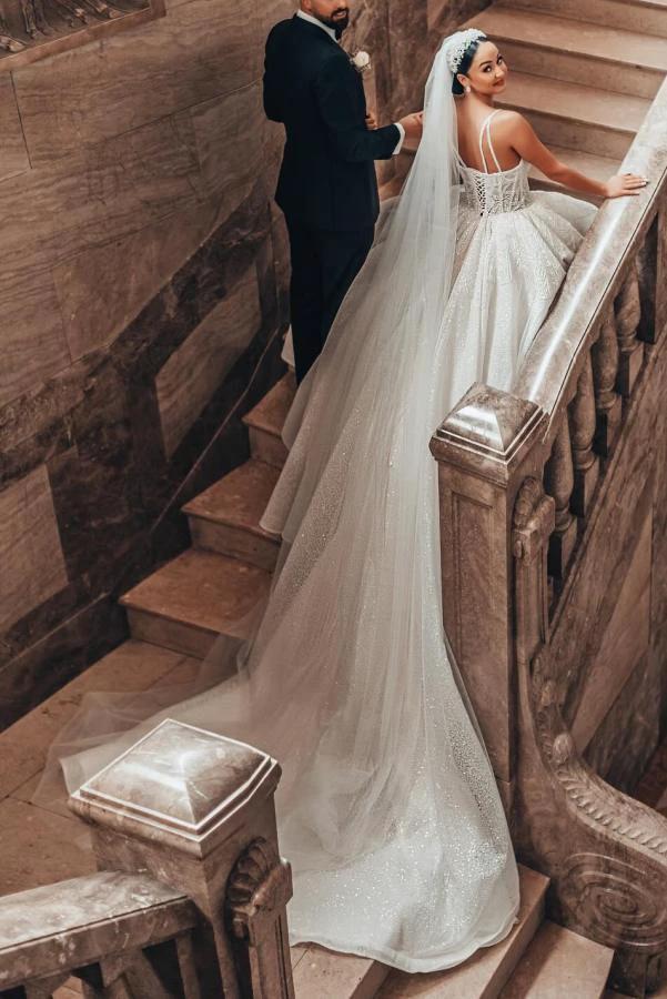 Luxurious Long A-line Lace Spaghetti Straps Wedding Dresses With Glitter - Image 4