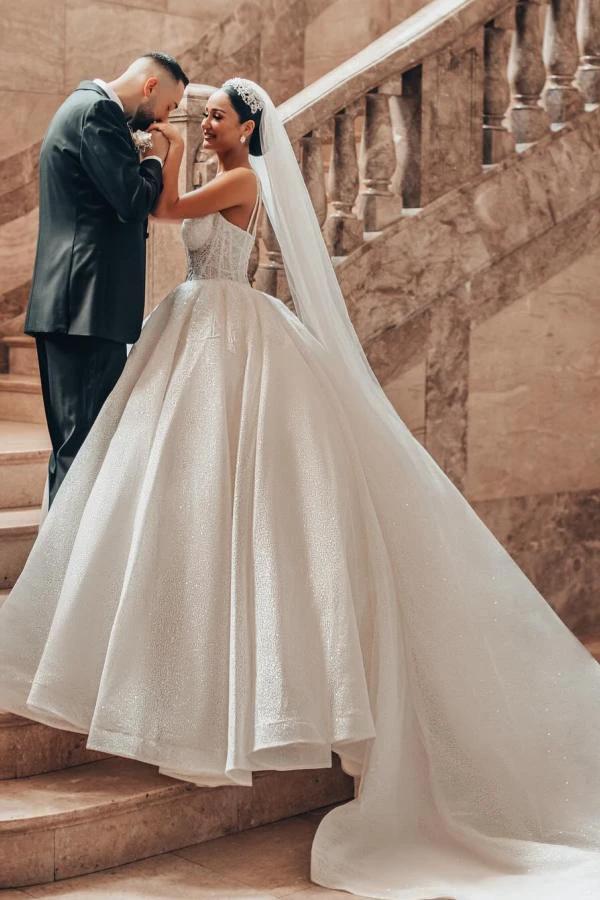 Luxurious Long A-line Lace Spaghetti Straps Wedding Dresses With Glitter - Image 5