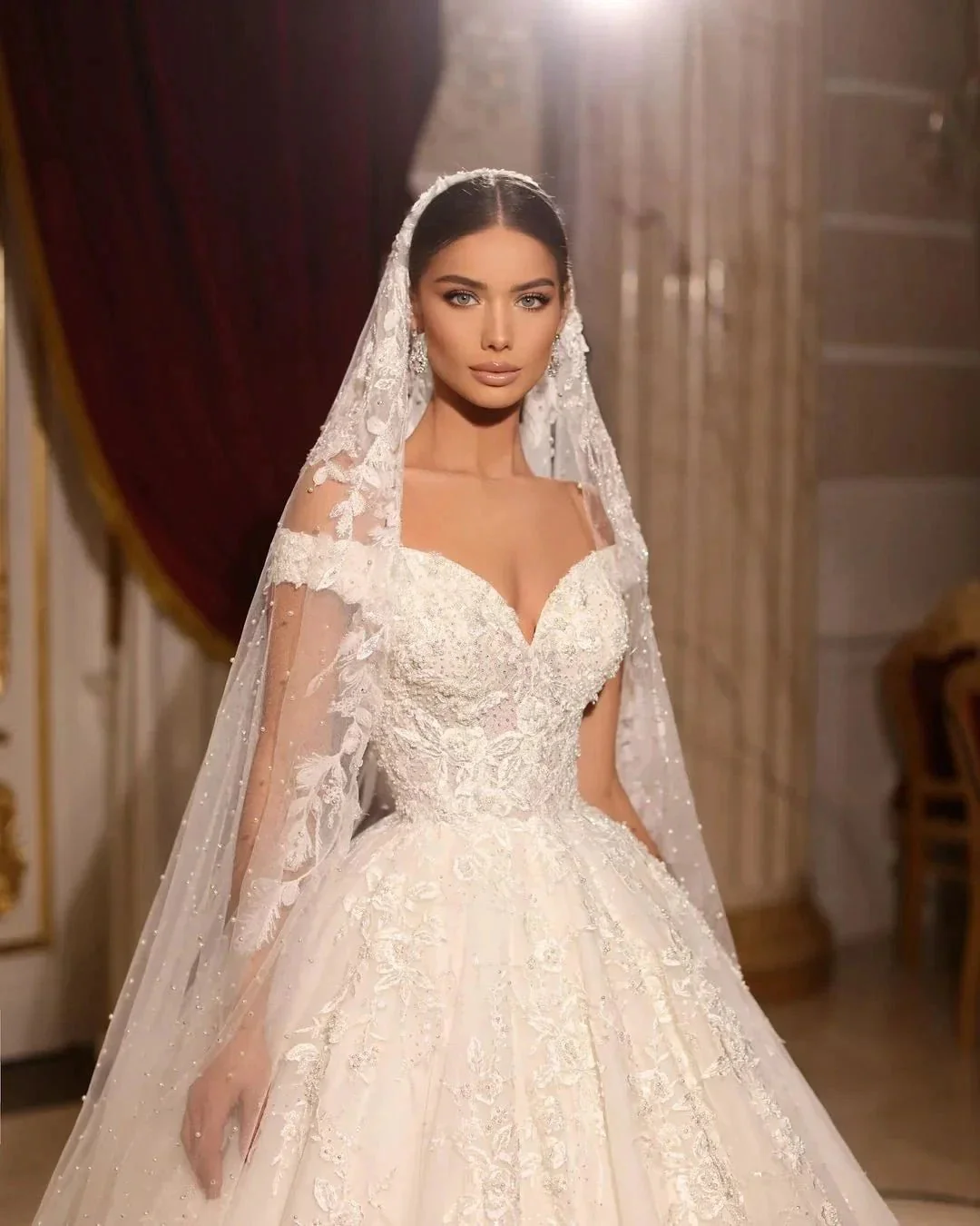 Luxurious Long A-line Off-the-shoulder Lace Beading Wedding Dress - Image 2
