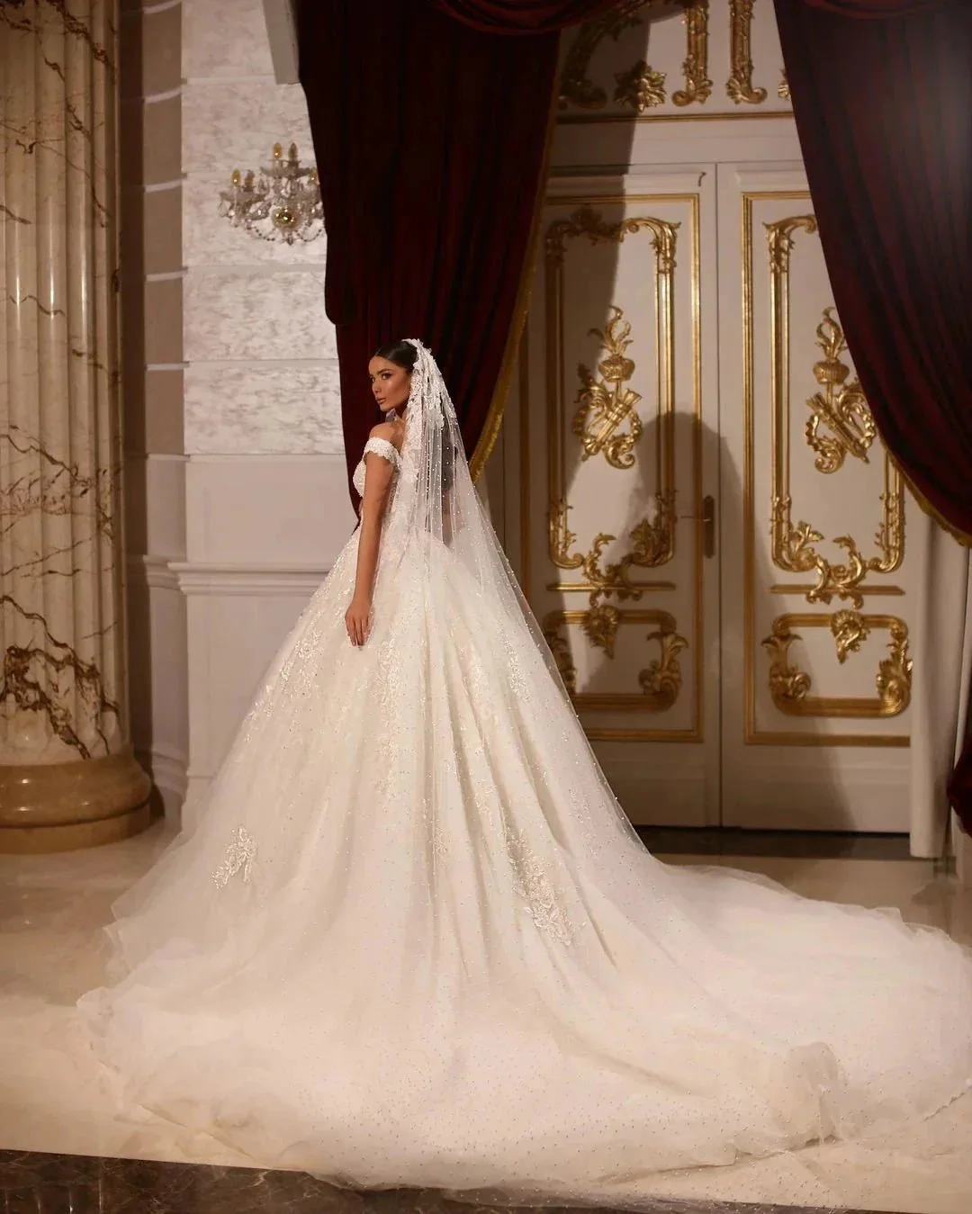 Luxurious Long A-line Off-the-shoulder Lace Beading Wedding Dress - Image 3