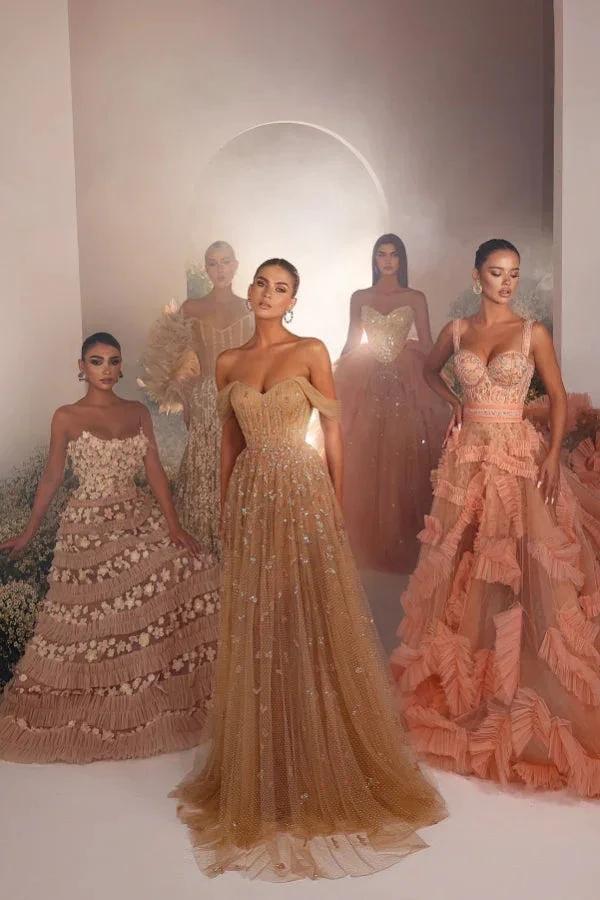 Luxurious Long A-line Off-the-shoulder Tulle Beading Sleeveless Prom Dress - Image 3