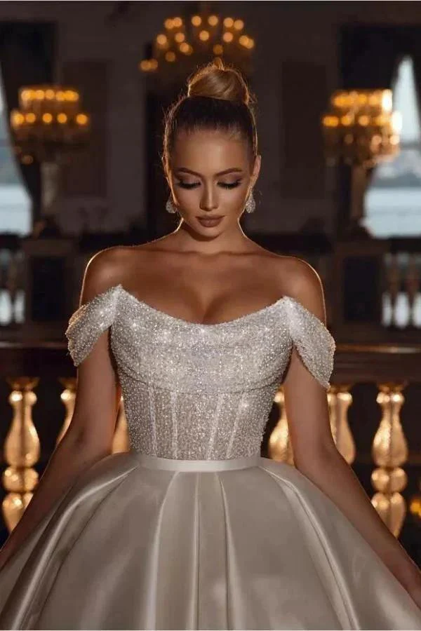 Luxurious Long Ball Gown Off The Shoulder Sparkly Sequins Satin Wedding Dress - Image 2