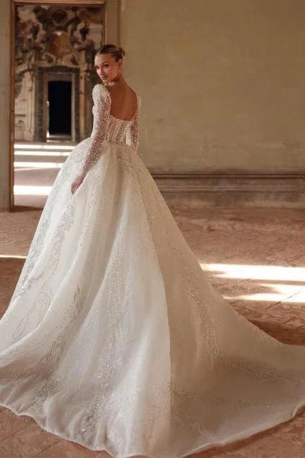 Luxurious Long Ivory A-line Square Neck Lace Beading Wedding Dress with Long Sleeves - Image 2