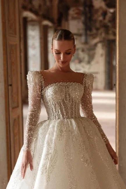 Luxurious Long Ivory A-line Square Neck Lace Beading Wedding Dress with Long Sleeves - Image 3