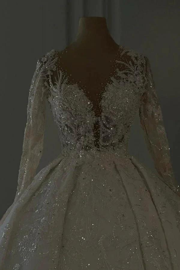 Luxurious Long Ivory A-line V-neck Lace Long Sleeves Wedding Dress with Glitter - Image 2