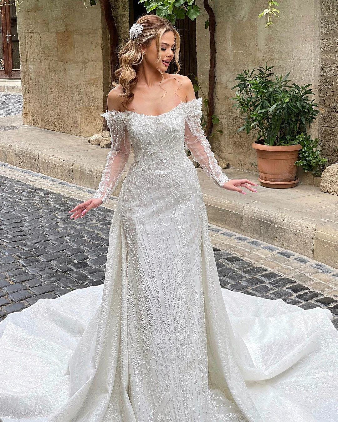 Luxurious Long Ivory Off-the-shoulder Lace Beading Long Sleeves Wedding Dress With Train - Image 2