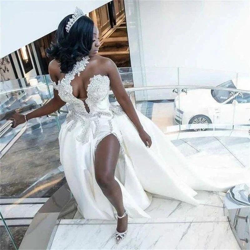 Luxurious Long Mermaid One Shoulder Satin Beading Wedding Dress With Detachable Train - Image 3