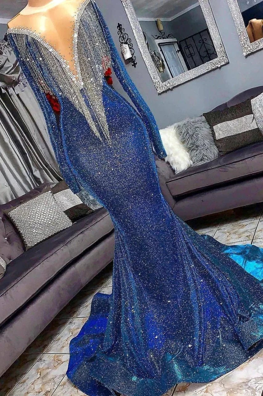 Luxurious Long Sheer Neckline Mermaid Sequins Prom Dresses with Sleeves - Image 2