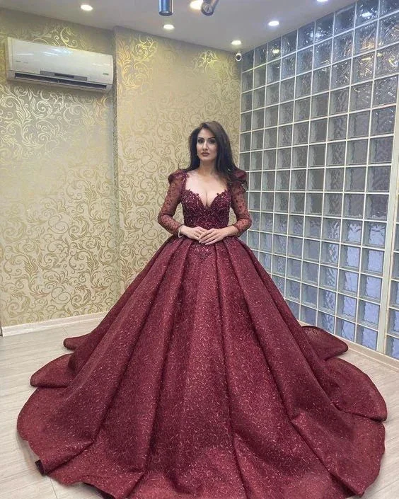 Luxurious Long Sleeves Burgundy Ball Gown,Sweet 16 Dress Y6097 - Image 2