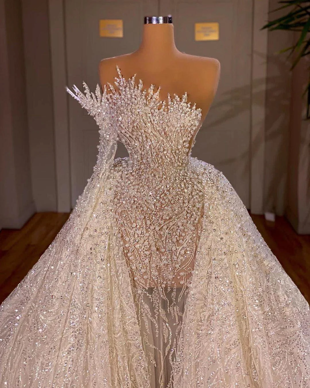 Luxurious Long White A-line Beading One Shoulder Wedding Dress With Sleeve - Image 2