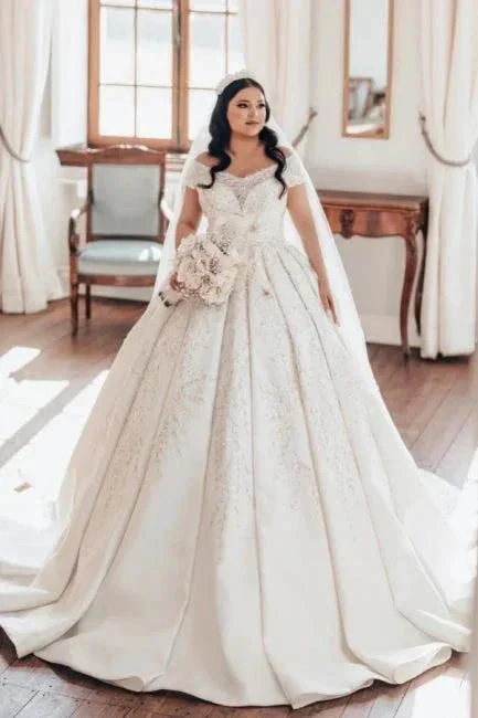 Luxurious Long White Off-the-shoulder A-line Satin Wedding Dress with Lace - Image 2