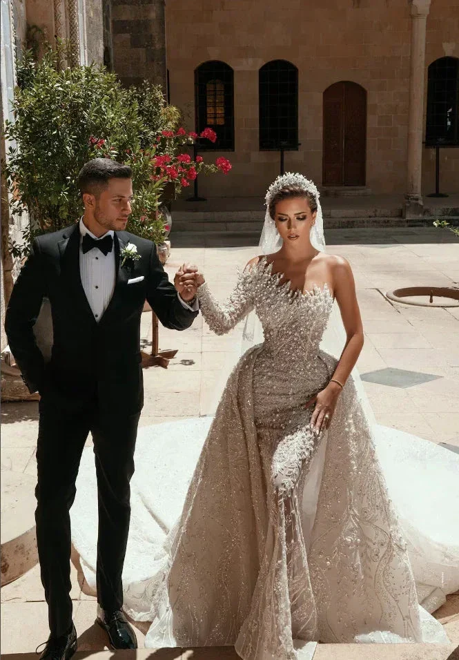 Luxurious Long White One Shoulder A-line Beading Pearls Long Sleeve Weeding Dress With Train - Image 4
