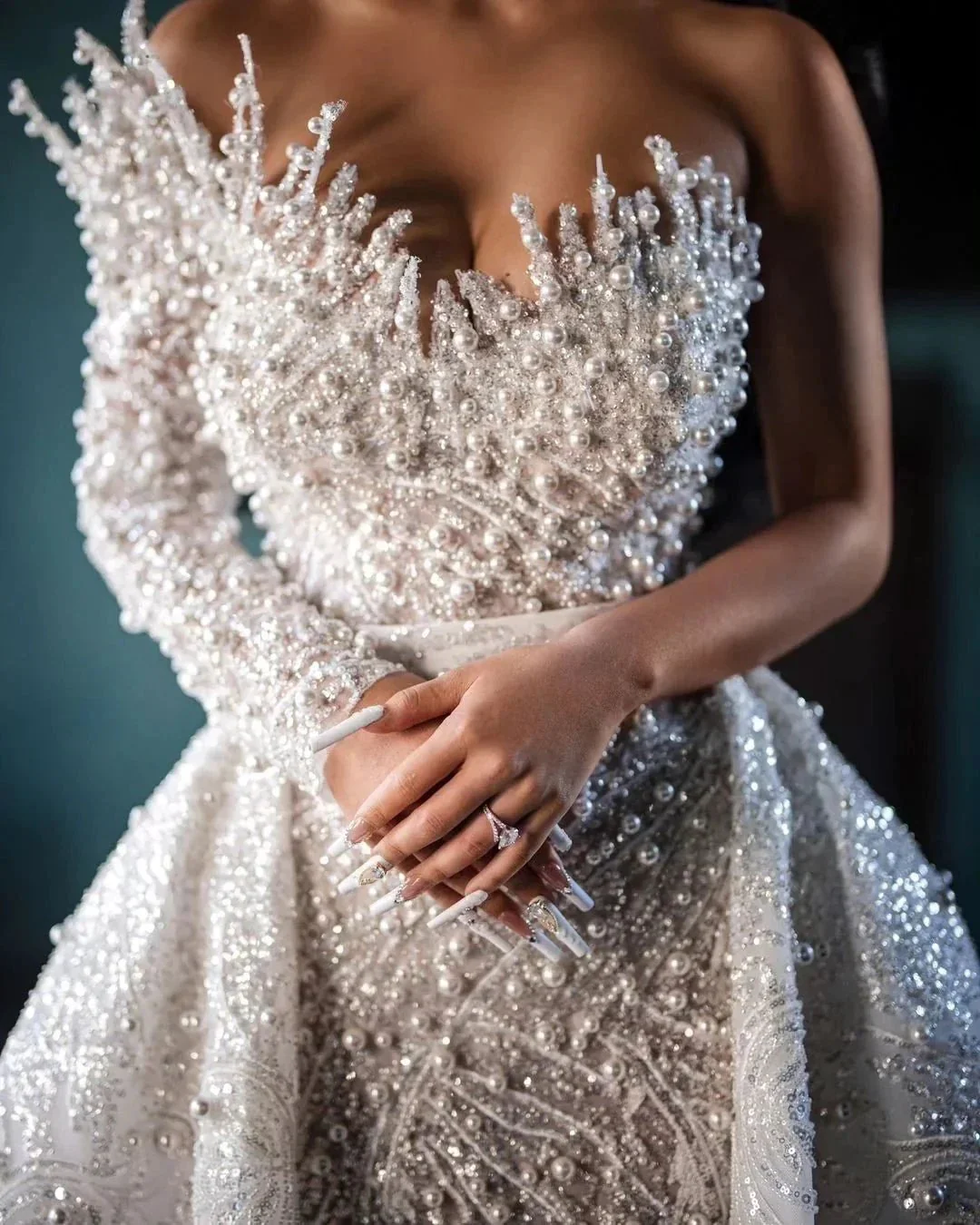 Luxurious Long White One Shoulder A-line Beading Pearls Long Sleeve Weeding Dress With Train - Image 6