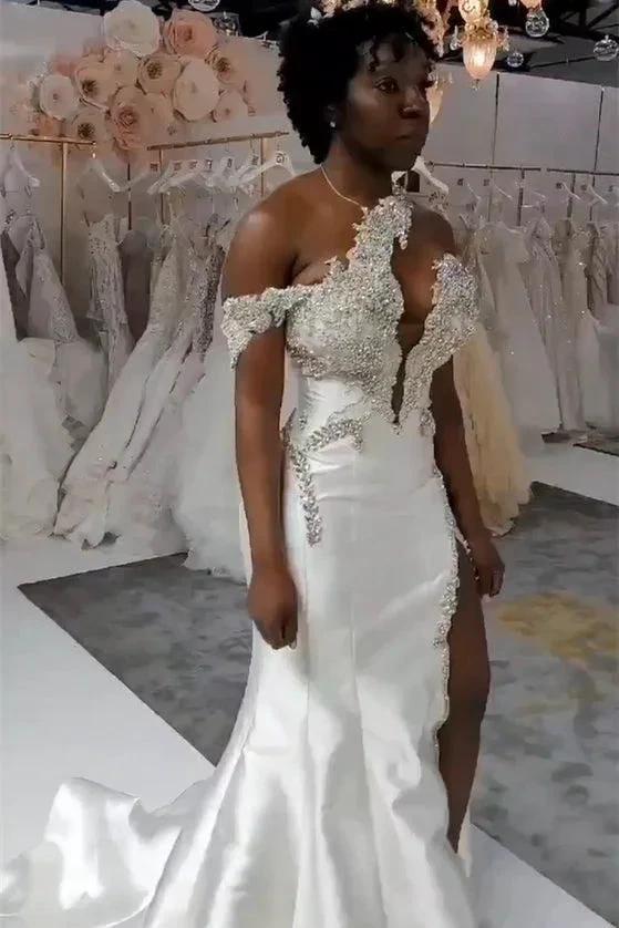Luxurious Long White One Shoulder Sleeveless Jewel Wedding Dress With Detachable Train - Image 2