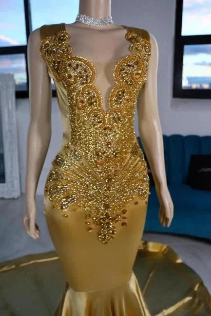 Luxurious Mermaid Satin V-Neck Sleeveless Yellow Prom Dresses With Beading - Image 2