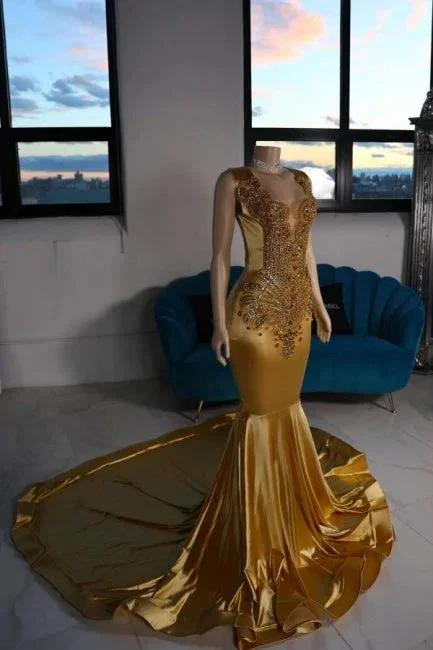 Luxurious Mermaid Satin V-Neck Sleeveless Yellow Prom Dresses With Beading - Image 3