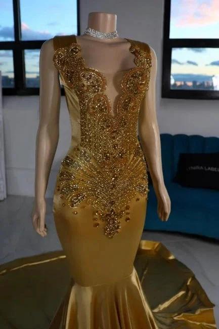 Luxurious Mermaid Satin V-Neck Sleeveless Yellow Prom Dresses With Beading - Image 4