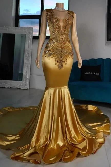Luxurious Mermaid Satin V-Neck Sleeveless Yellow Prom Dresses With Beading - Image 5