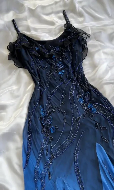 Luxurious Navy Blue Chiffon Beaded Evening Dress Formal Party Prom Dress Y7529 - Image 2