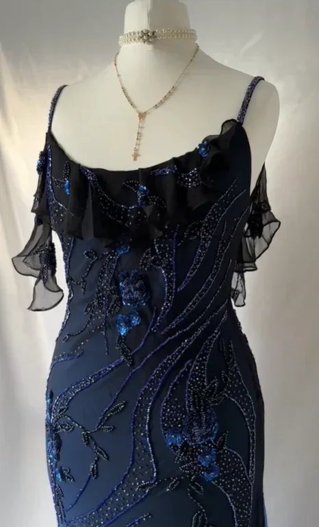 Luxurious Navy Blue Chiffon Beaded Evening Dress Formal Party Prom Dress Y7529 - Image 4