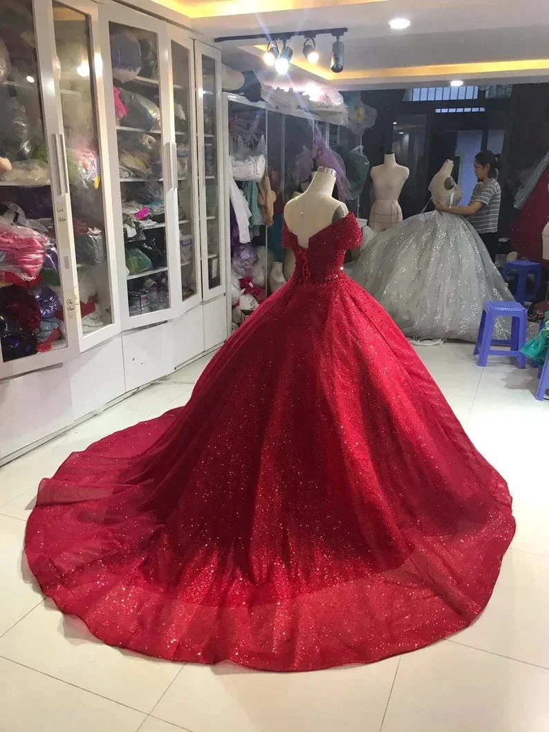Luxurious Off Shoulder Red Glitter Beading Ball Gown Sweet 16 Dress Y1275 - Image 2