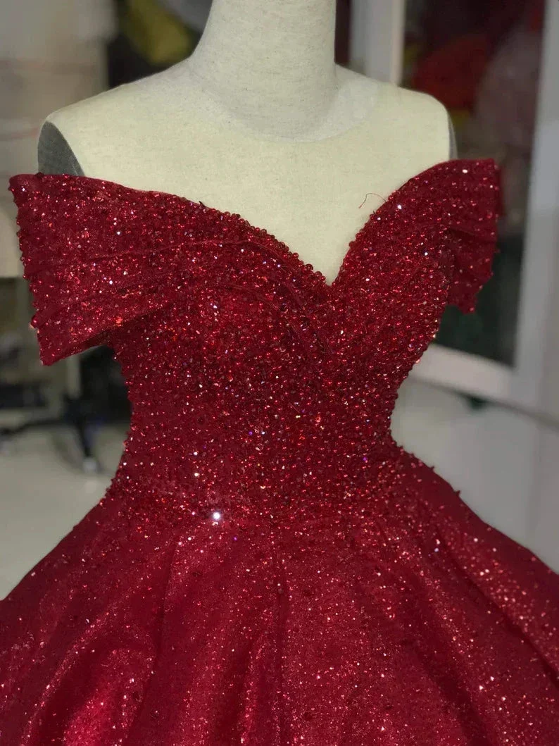 Luxurious Off Shoulder Red Glitter Beading Ball Gown Sweet 16 Dress Y1275 - Image 4