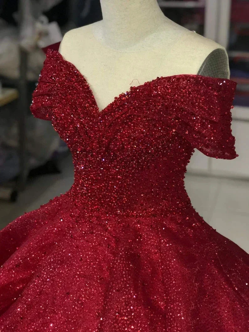 Luxurious Off Shoulder Red Glitter Beading Ball Gown Sweet 16 Dress Y1275 - Image 5