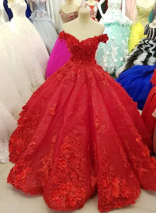 Luxurious Off The Shoulder Red Ball Gown 3D Flowers,Quinceanera Dress  Y1217 - Image 2