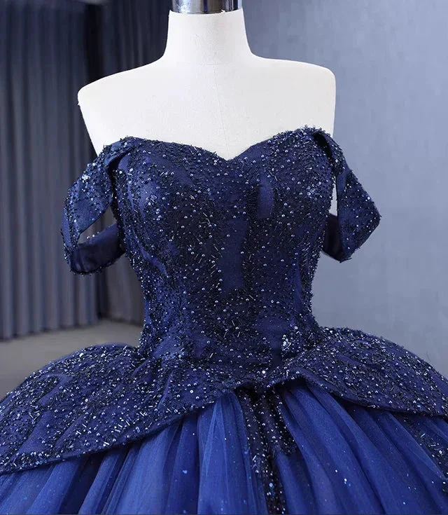 Luxurious Off The Shoulder Sequins Beaded Tulle Ball Gown Navy Blue Birthday Prom Dress Y7681 - Image 2