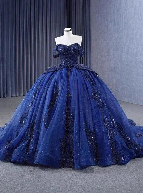 Luxurious Off The Shoulder Sequins Beaded Tulle Ball Gown Navy Blue Birthday Prom Dress Y7681 - Image 3