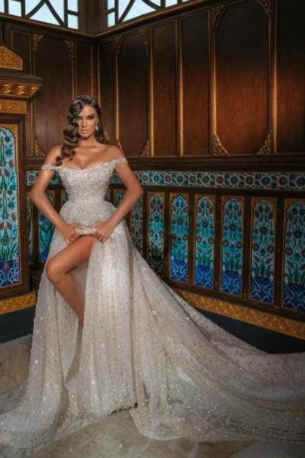 Luxurious Off-the-Shoulder Shinny Crystals Ball Gown with Front Slit Chapel Train - Image 2