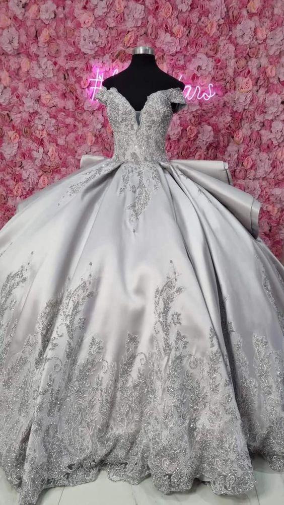 Luxurious Off The Shoulder Silver Quinceanera Dress,Silver Ball Gown Y1157 - Image 2