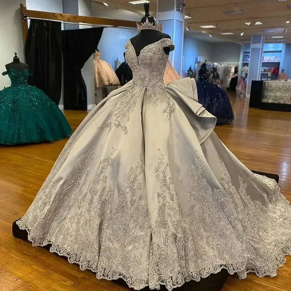 Luxurious Off The Shoulder Silver Quinceanera Dress,Silver Ball Gown Y1157 - Image 3