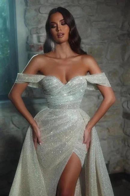 Luxurious off-the-shoulder Sleeveless A-Line Glitter Wedding Dresses With Split - Image 2