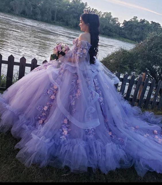 Luxurious Off The Shoulder Tulle Floral Appliques Ball Gown Purple Sweet 16 Dress Y679 - Image 2