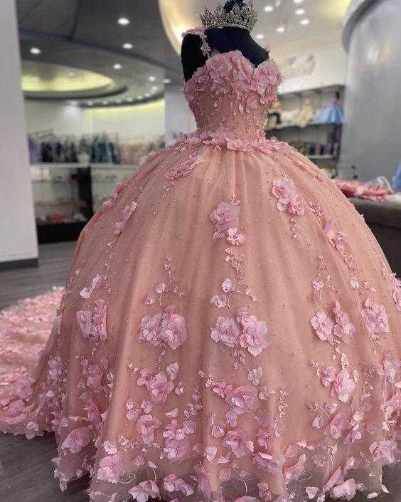 Luxurious Pink 3D Applique Ball Gown Princess Dress Sweet 16 Dress Y824 - Image 2