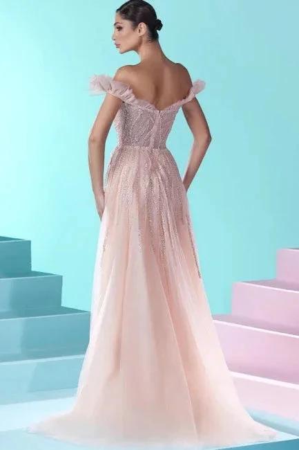 Luxurious Pink Off-the-shoulder Long Mermaid Lace Prom Dresses with Glitter - Image 2