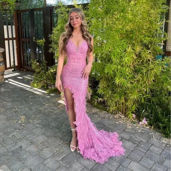 Luxurious Pink Sequins Lace Feathers Mermaid Evening Dress Slit Prom Dress Y7872 - Image 2